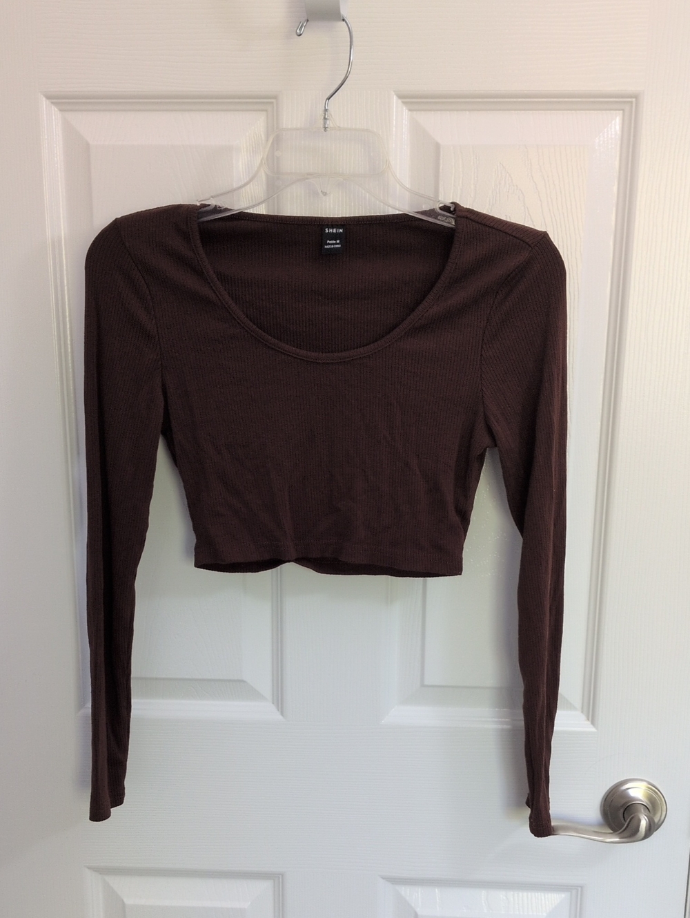 Shein Long Sleeve Scoop Neck Ribbed Cropped Top - Brown - Petite M